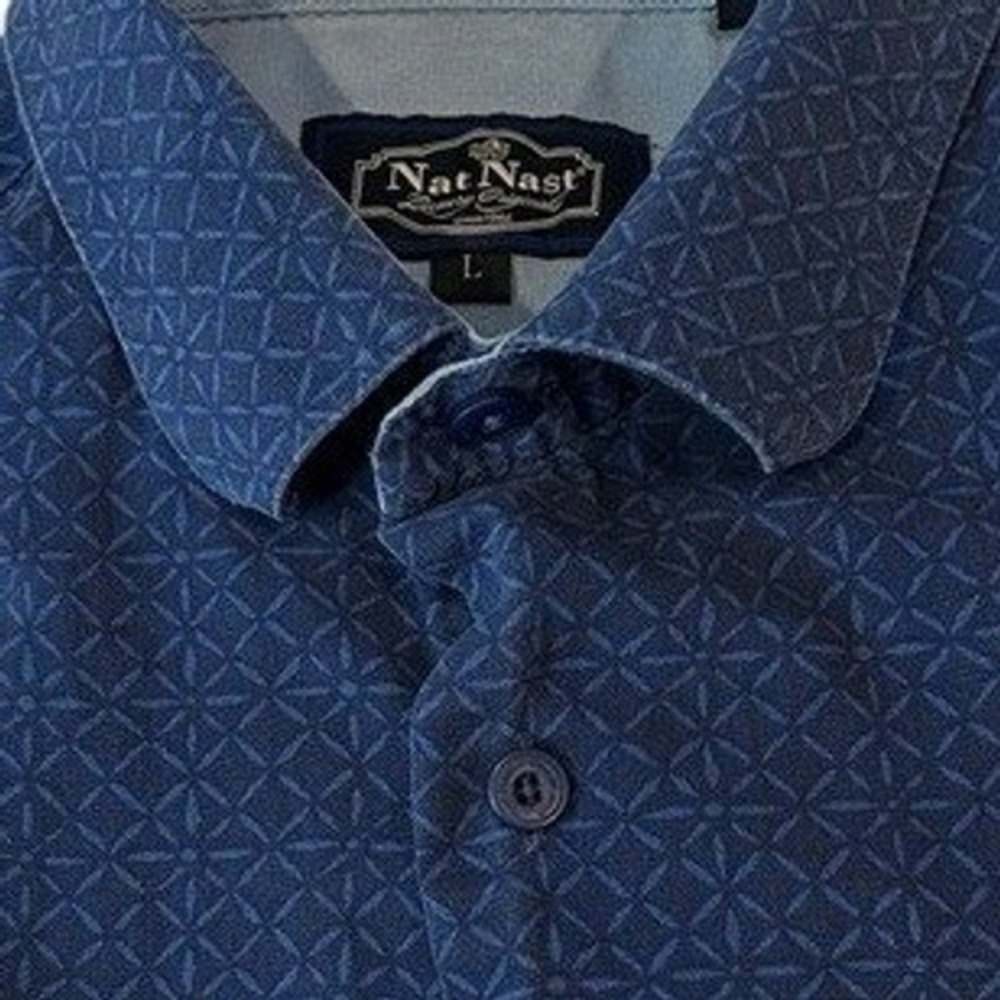 Nat Nast Button Down Shirt Large Men's Navy Blue Silk Geometric Short Sleeve